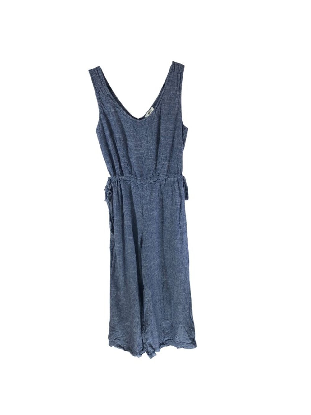 Max Studio Jumpsuit Linen Blend Cinch Tie Waist Wide Leg Cropped Pockets Blue S